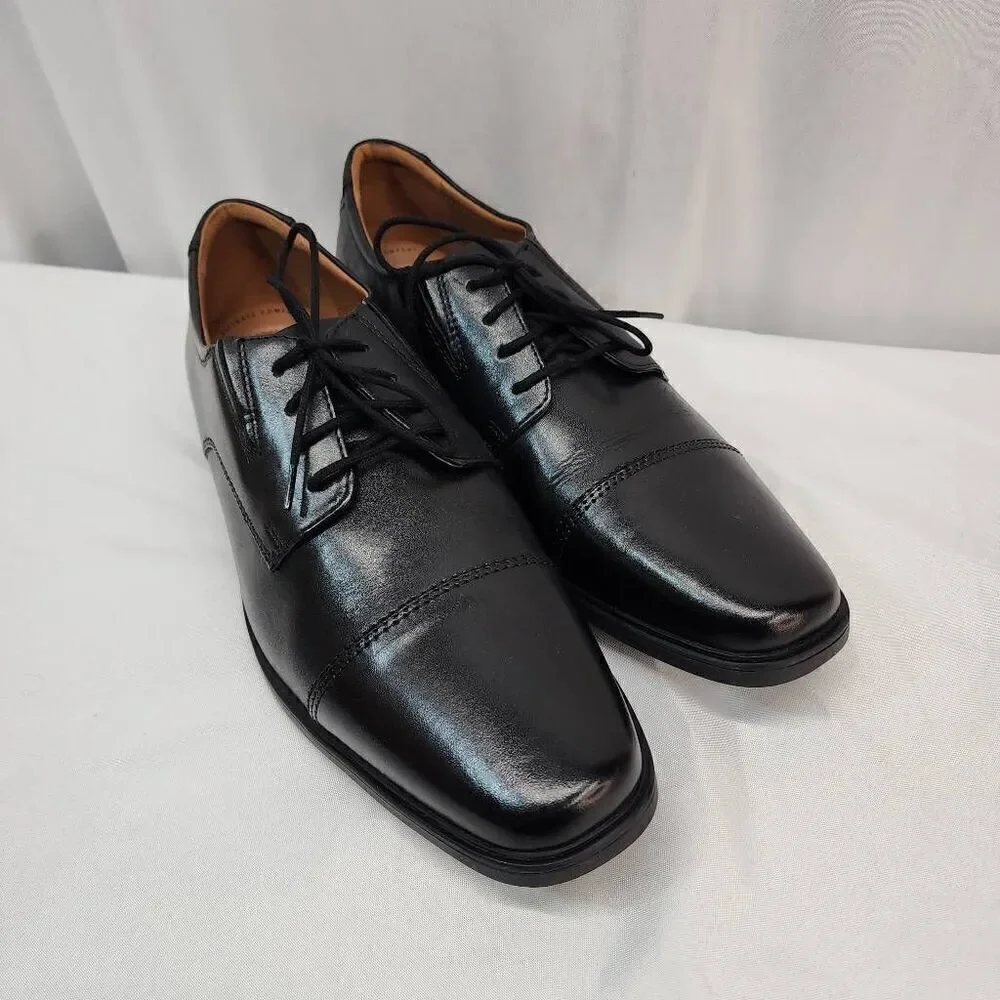Clarks® Tilden Mens Size 10.5 W Leather Cap-Toe Dress Shoes Black